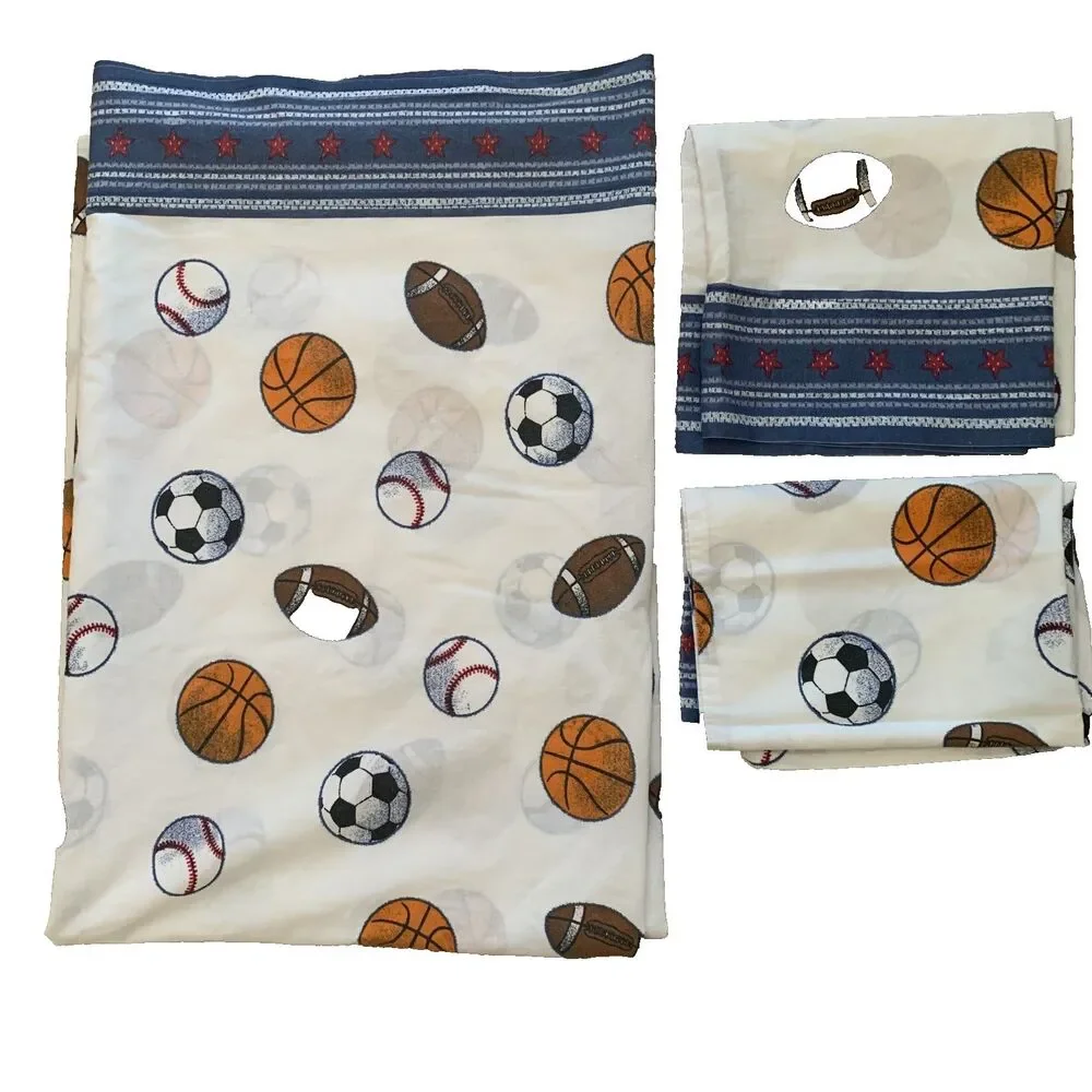 Vintage Sports Themed Twin Flat Sheet 2 Pillowcases Football Soccer Basketball